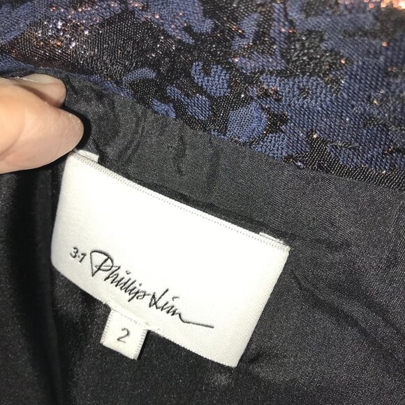 3.1 PHILLIP LIM Size 2 Navy & Metallic Copper Jacquard Floral Skater Skirt - Picture 4 of 4